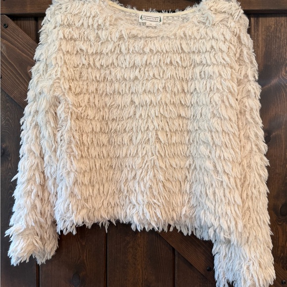 Love Richie Sweater has a shaggy or fuzzy texture and is a cream color. Size M - Picture 5 of 9